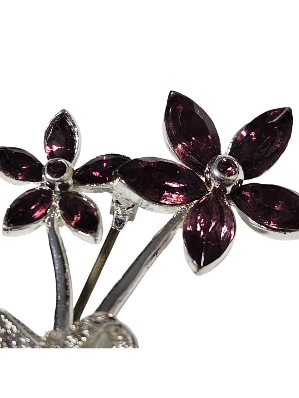 Vintage Pin Purple Flower Silver Tone Rhinestone Brooch Floral Fashion Jewelry